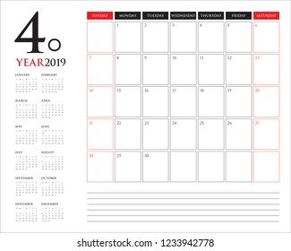 April 2019 desk calendar vector illustration, simple and clean design.