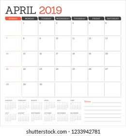 April 2019 desk calendar vector illustration, simple and clean design.