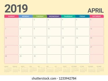 April 2019 desk calendar vector illustration, simple and clean design.