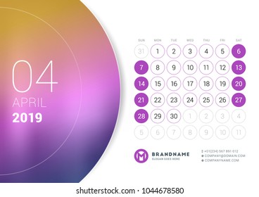 April 2019. Desk calendar for 2019 year. Vector design print template with place for photo. Week starts on Sunday