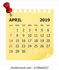 April 2019 monthly calendar vector illustration, simple and clean design. 