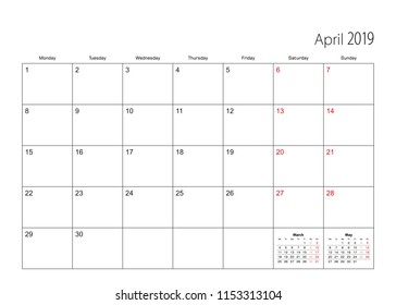 April 2019 simple calendar planner, week starts from Monday.