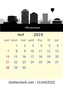April 2019 United States calendar with city skyline of Albuquerque
