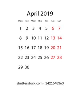 April 2019 Vector Calendar, New Design