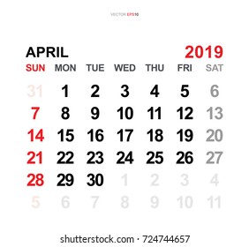 April 2019. Vector monthly calendar template 2019 year in simple style for template design. Week starts from Sunday.