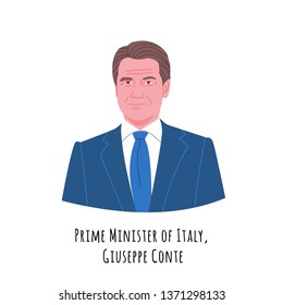 April, 2019: Vector Portrait Of Giuseppe Conte, The Italian Republic Prime Minister And Government Chief. 