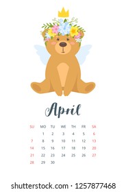 April 2019 year calendar page with cute sitting teddy bear with angel wings, golden crown and flower wreath. Vector cartoon style illustration. Template for print. Vertical layout.