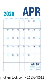 April 2020 calendar. Blue color planner. English calender template. Color vector grid. Office business planning. Creative design