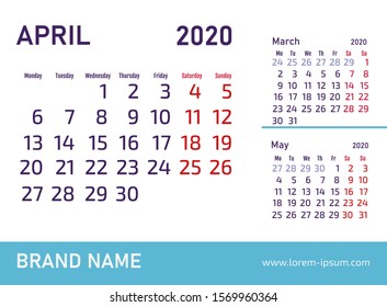 April 2020 Calendar Design. Vector template