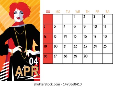 April. 2020 Calendar with fashion girl in Pop art style.