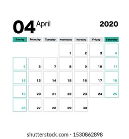 April 2020 calendar leaf. Week starts on Sunday. Printable vector stationery design template