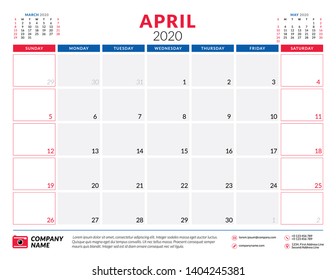 April 2020. Calendar planner stationery design template. Vector illustration. Week starts on Sunday