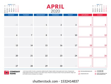 April 2020. Calendar planner stationery design template. Vector illustration. Week starts on Monday