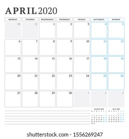 April 2020. Calendar planner stationery design template. Vector illustration. Week starts on Monday