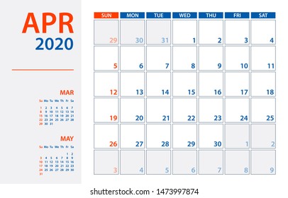 April 2020 Calendar Planner - vector illustration. Template. Mock up.