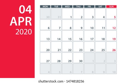 April 2020 Calendar Planner - vector illustration. Template. Mock up.