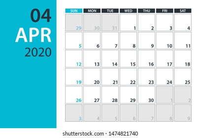 April 2020 Calendar Planner - vector illustration. Template. Mock up.