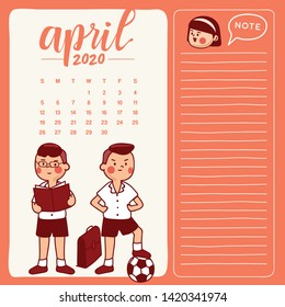 April : 2020 Calendar Template with hand drawn school kids illustration : Vector Illustration