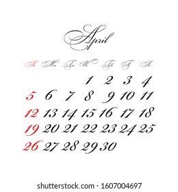 April 2020 Calendar vector with calligraphic font