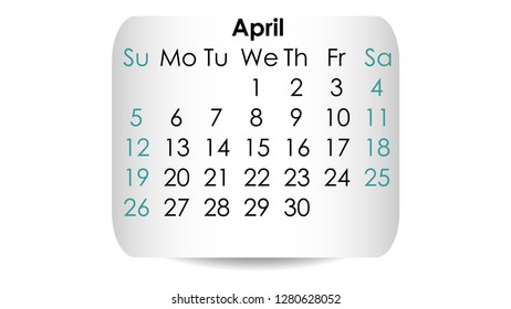 April 2020. Calendar 2020 vector design. Date on the curved stickers 