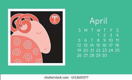 April 2020. Calendar. Zodiac sign: aries. Vector horoscope. Astrological calender. Color design