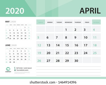 April 2020, Desk Calendar 2020 vector Design, green concept for business; Week Start On Sunday, Planner, Stationery, Printing, Size : 8 x 6 inch