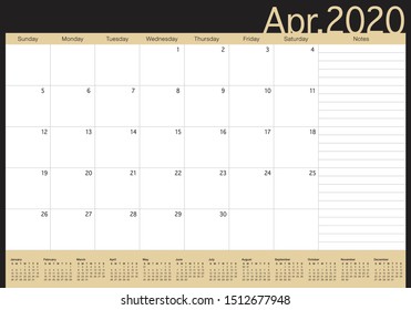 April 2020 desk calendar vector illustration, simple and clean design. 
