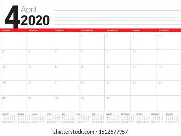 April 2020 desk calendar vector illustration, simple and clean design. 
