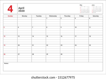 April 2020 desk calendar vector illustration, simple and clean design. 
