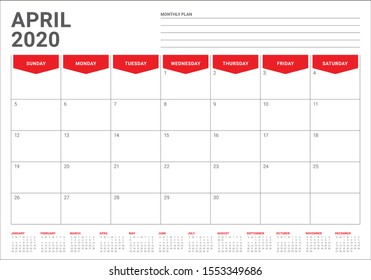 April 2020 desk calendar vector illustration, simple and clean design. 
