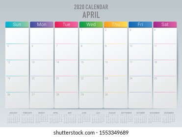 April 2020 desk calendar vector illustration, simple and clean design. 

