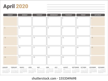 April 2020 desk calendar vector illustration, simple and clean design. 
