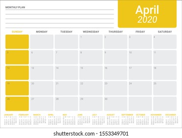 April 2020 desk calendar vector illustration, simple and clean design. 
