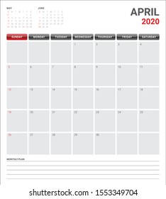 April 2020 desk calendar vector illustration, simple and clean design. 

