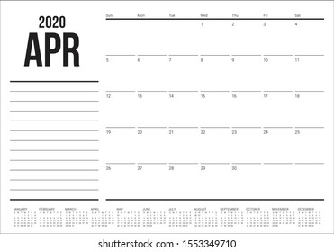 April 2020 desk calendar vector illustration, simple and clean design. 
