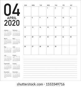 April 2020 desk calendar vector illustration, simple and clean design. 
