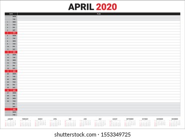 April 2020 desk calendar vector illustration, simple and clean design. 
