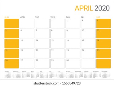 April 2020 desk calendar vector illustration, simple and clean design. 
