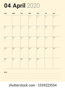 April 2020 desk calendar vector illustration, simple and clean design. 