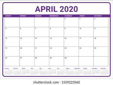 April 2020 desk calendar vector illustration, simple and clean design. 