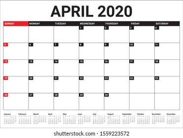 April 2020 desk calendar vector illustration, simple and clean design. 