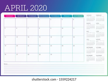April 2020 desk calendar vector illustration, simple and clean design. 