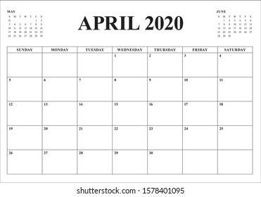 April 2020 desk calendar vector illustration, simple and clean design. 
