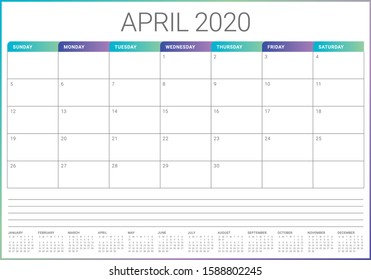 April 2020 desk calendar vector illustration, simple and clean design. 
