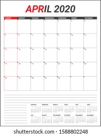 April 2020 desk calendar vector illustration, simple and clean design. 
