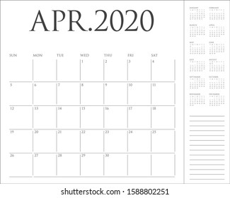 April 2020 desk calendar vector illustration, simple and clean design. 
