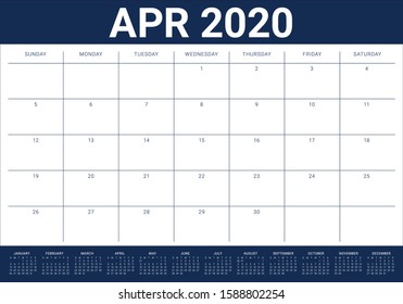 April 2020 desk calendar vector illustration, simple and clean design. 
