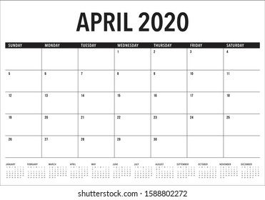 April 2020 desk calendar vector illustration, simple and clean design. 
