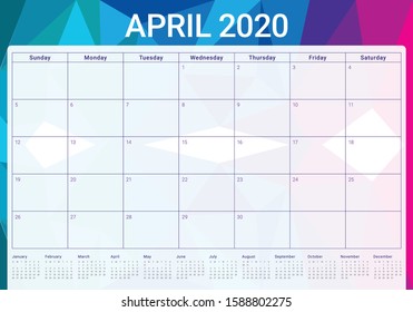 April 2020 desk calendar vector illustration, simple and clean design. 
