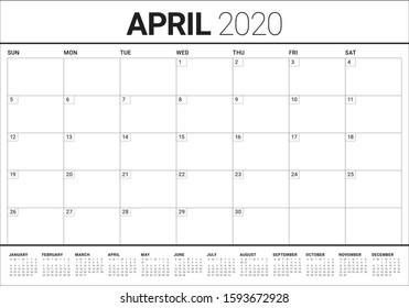 April 2020 desk calendar vector illustration, simple and clean design. 
